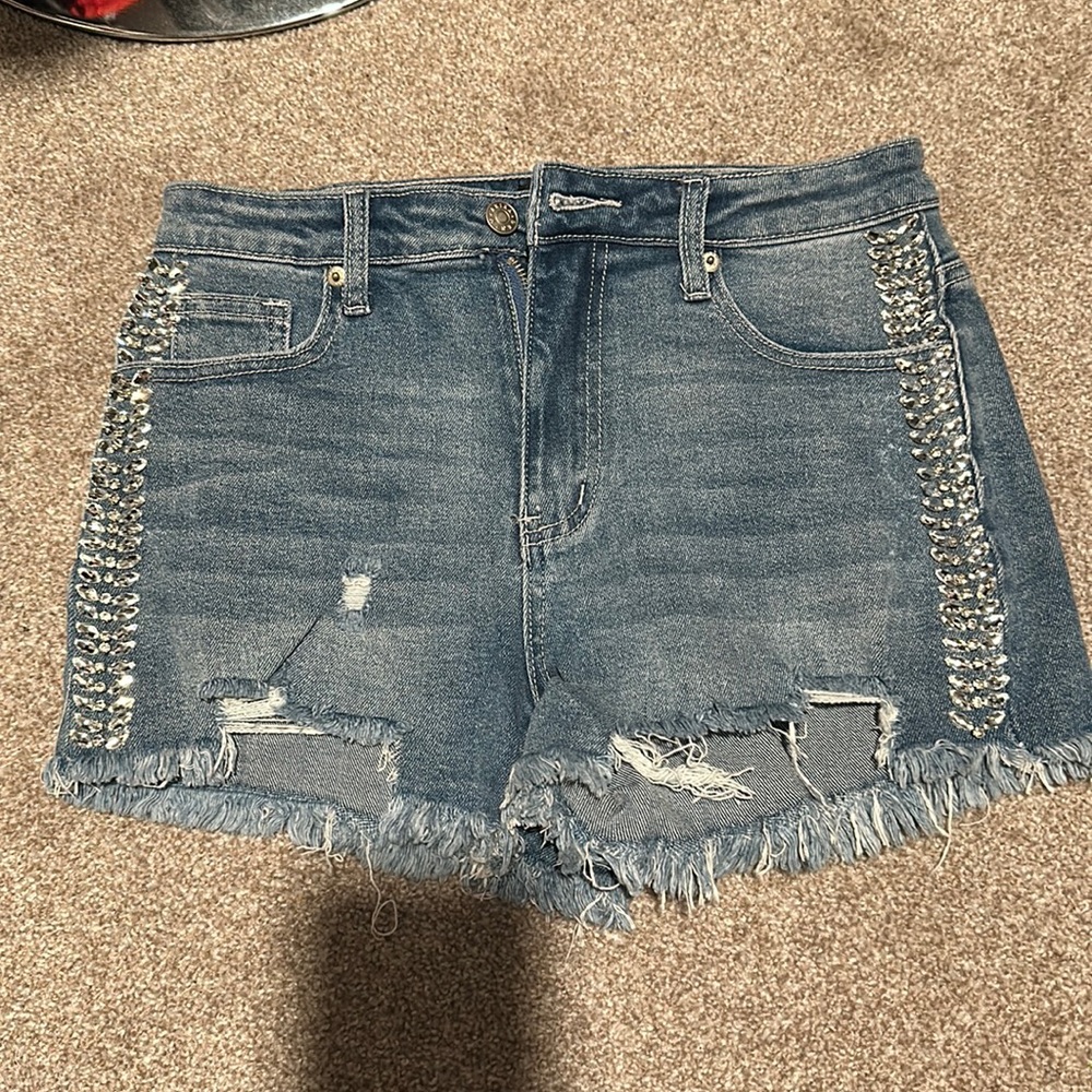 Rhinestone side denim shorts